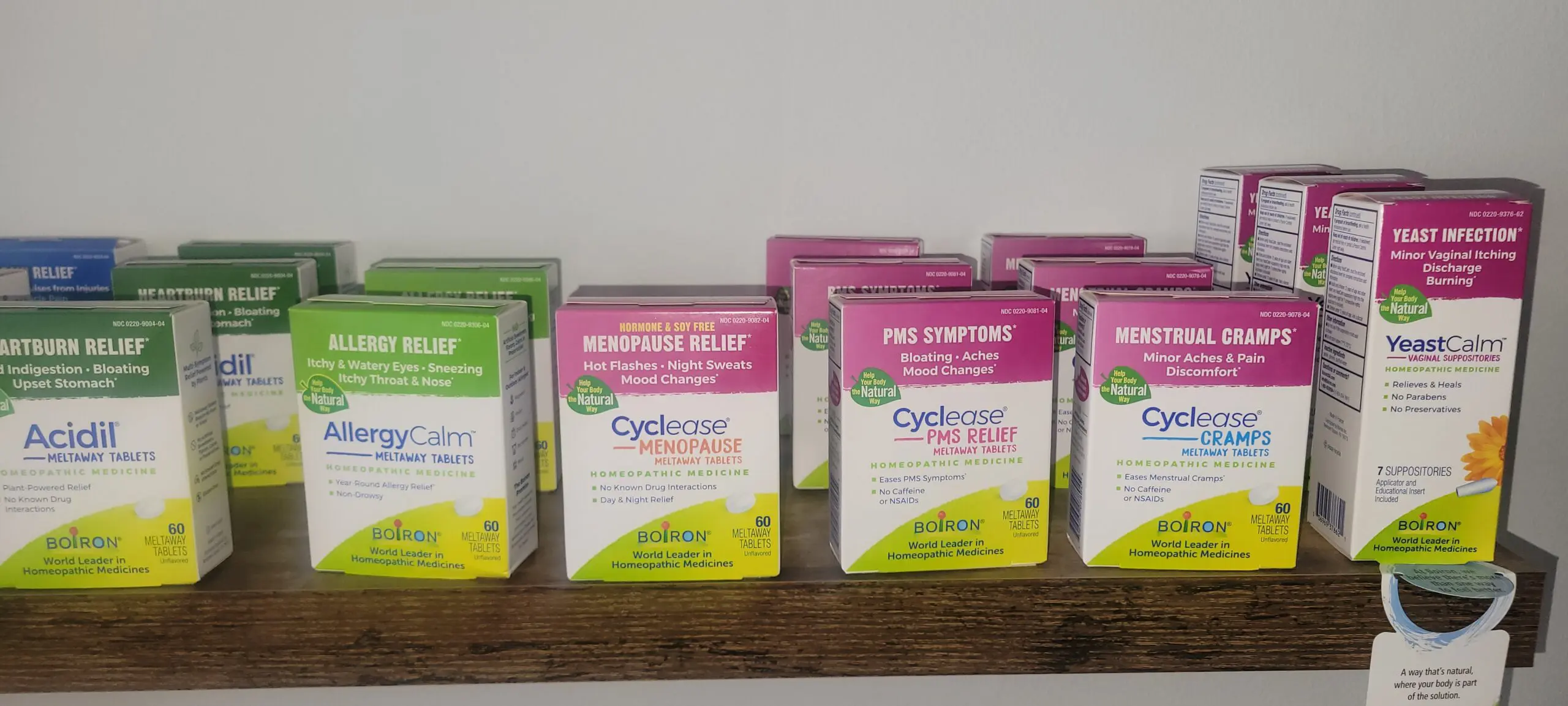 Various Cyclecare feminine hygiene products arranged on a shelf.