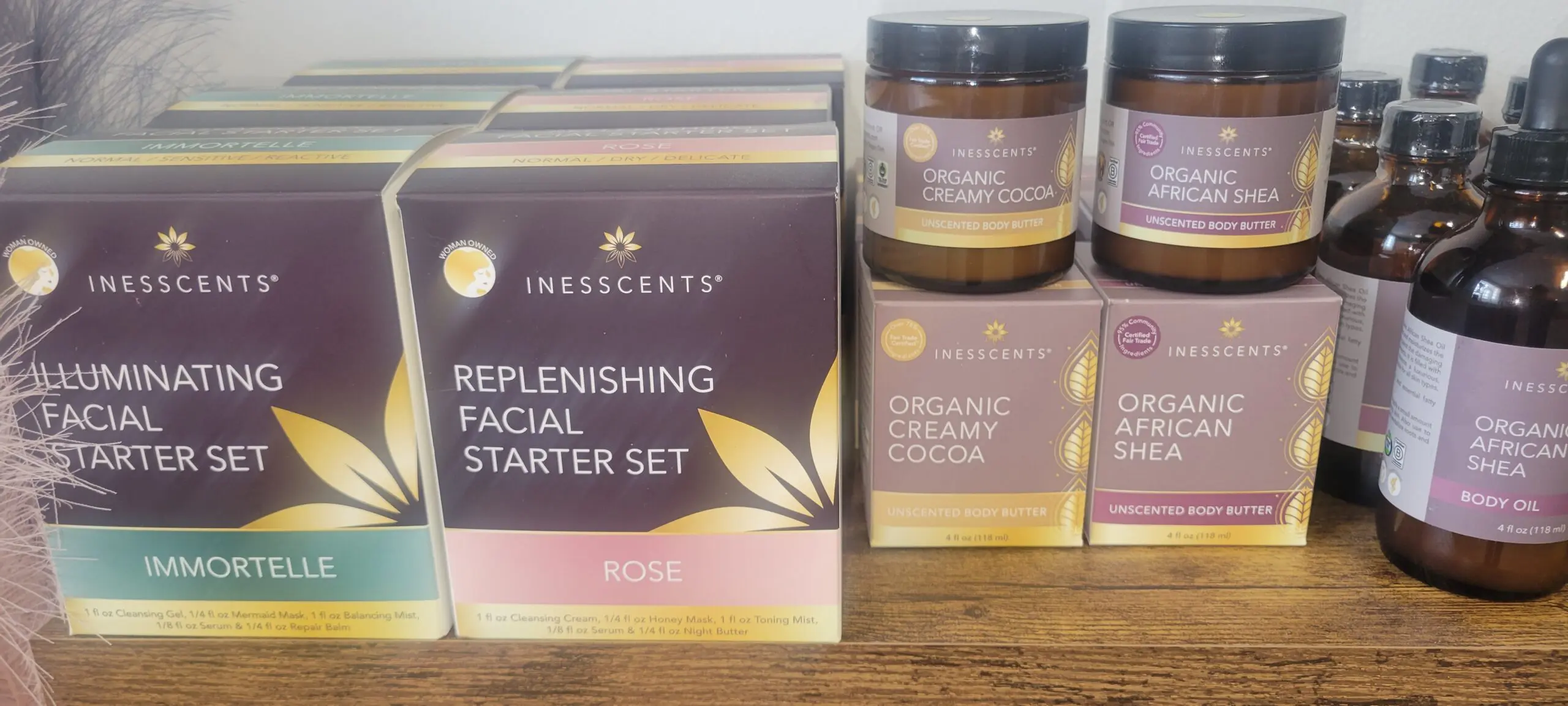 Skin care products including replenishing facial starter set and organic scalp scrub.