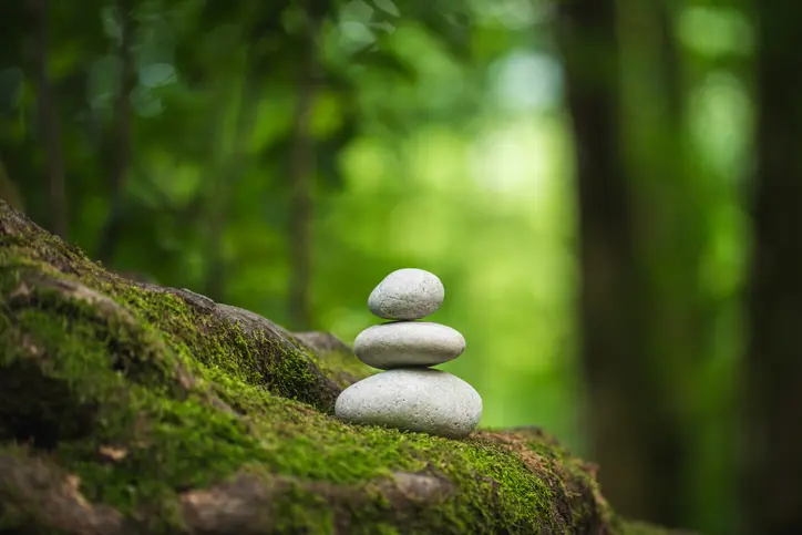 Stack of white stones on green moss.